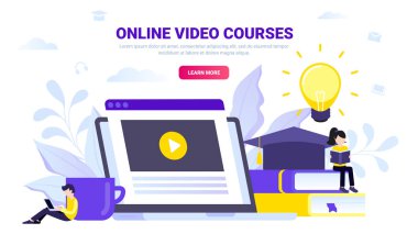 Online eğitim kavramı. Video dersler, video dersler, Öğreticiler. Dizüstü açılan video, kitaplar ve öğrenci şapka ile. Küçük karakterler ile düz tarzında modern vektör çizim.