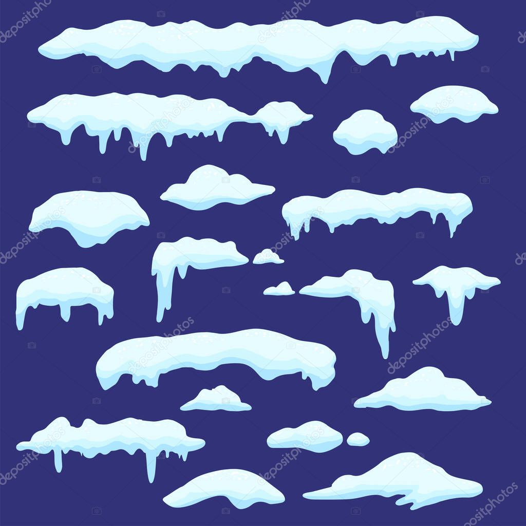 Vector collection of roof snow caps. Winter and Christmas snowy and ice frozen decoration elements. Realistic flat vector illustration of snow drifts and icicles. Snow frames set.