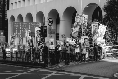 Bir grup siyasi destekçi, sonbahar seçimlerinden önce adaylarını desteklemek için Hong Kong sokaklarında yürüyor.