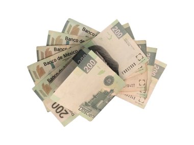 Bazı Meksika Pezosu 200 kağıt fatura gruplandırılmış ve beyaz arka plan üzerinde izole