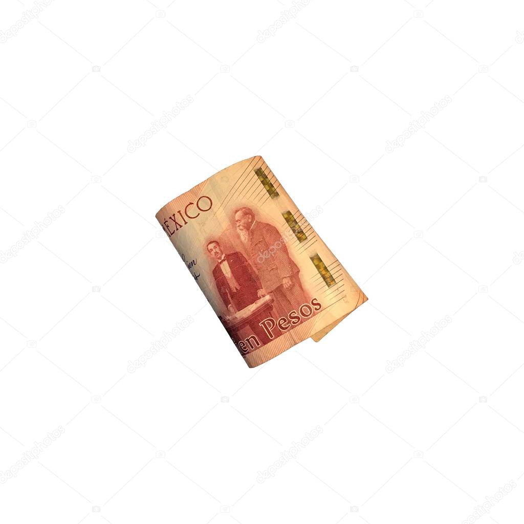 One single mexican peso 100 bill folded and isolated on white background