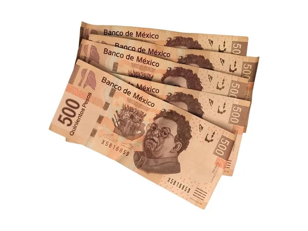 Néhány Mexikói peso számlákat 500 papír csoportosítva és elszigetelt fehér background — Stock Fotó