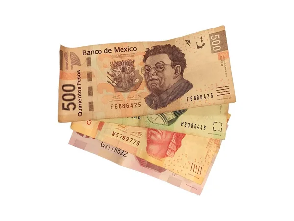 Alguns peso mexicano 50 100 200 e 500 notas isoladas em fundo branco — Fotografia de Stock