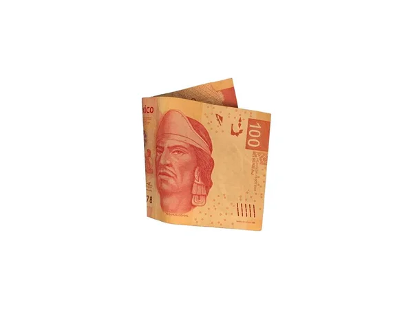 Un billete de 100 pesos mexicanos plegado aislado sobre fondo blanco — Foto de Stock