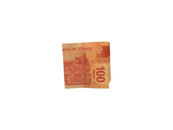 One single folded mexican peso 100 bill isolated on white background — Stock Photo, Image