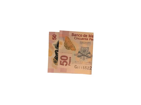 One single folded mexican peso 50 bill isolated on white background — Stock Photo, Image