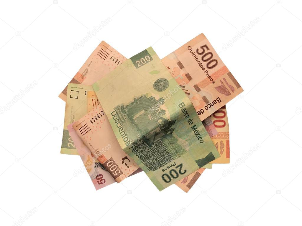 Some mexican peso 50 100 200 and 500 bills isolated on white background