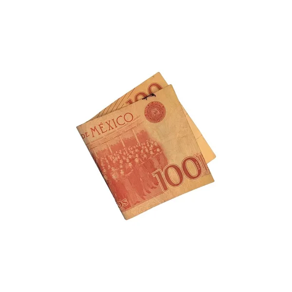 Ein einziger mexikanischer Peso-100-Schein gefaltet und isoliert auf weißem Hintergrund — Stockfoto