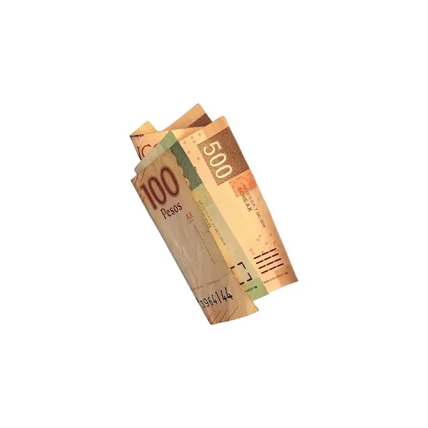 Várias notas de peso mexicano de 100, 200 e 500 dobrado e agrupado isolado em fundo branco — Fotografia de Stock