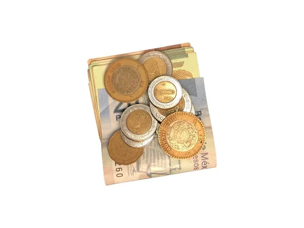 Verschillende Mexicaanse munten op de top van sommige peso rekeningen van 100, 200 en 500 gevouwen en gegroepeerd geïsoleerd op witte achtergrond — Stockfoto