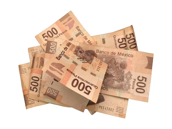Alguns Peso mexicano 500 notas de papel agrupados e isolados em fundo branco — Fotografia de Stock