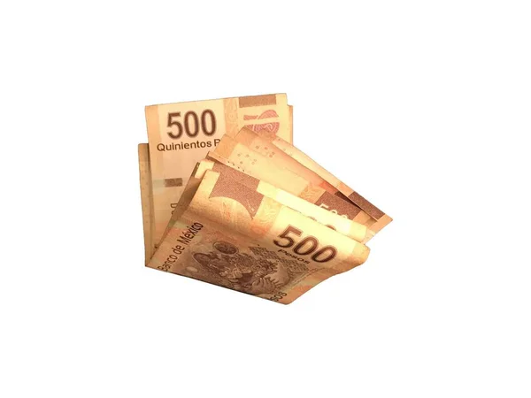 Vários peso mexicano 500 projeto de lei dobrado e isolado em fundo branco — Fotografia de Stock