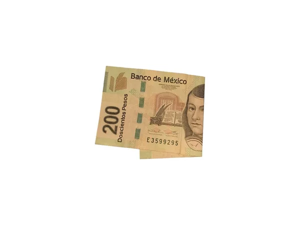 Un billete de 200 pesos mexicanos plegado aislado sobre fondo blanco — Foto de Stock
