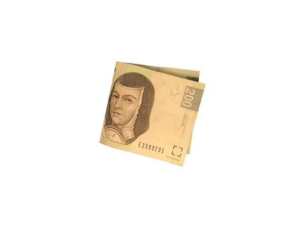 En enda vikta mexikanska peso 200 bill isolerad på vit bakgrund — Stockfoto