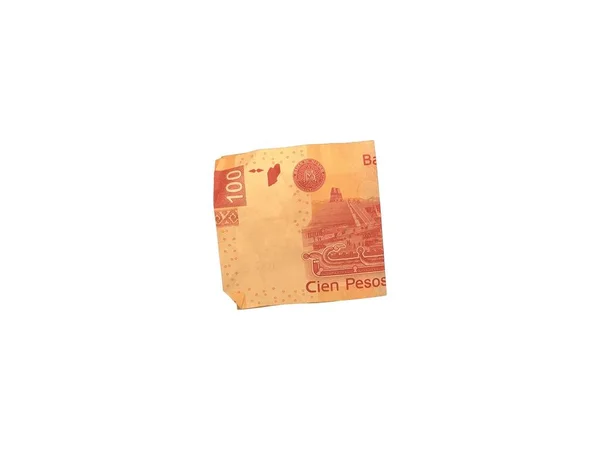 Ein einzelner gefalteter mexikanischer Peso-100-Schein isoliert auf weißem Hintergrund — Stockfoto