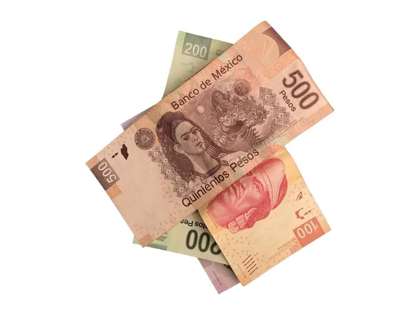 Einige mexikanische Peso 50 100 200 und 500 Banknoten isoliert auf weißem Hintergrund — Stockfoto