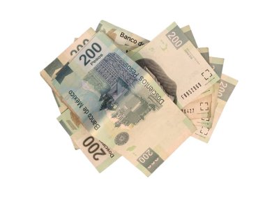 Bazı Meksika Pezosu 200 kağıt fatura gruplandırılmış ve beyaz arka plan üzerinde izole