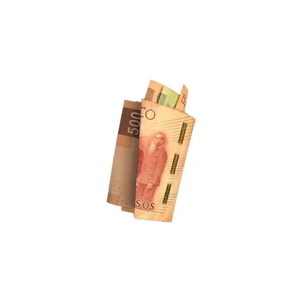 Varios billetes de 100, 200 y 500 pesos mexicanos plegados y agrupados aislados sobre fondo blanco —  Fotos de Stock
