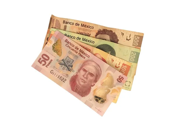 Alguns peso mexicano 50 100 200 e 500 notas isoladas em fundo branco — Fotografia de Stock