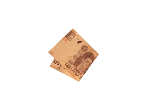 Un seul billet plié peso mexicain 500 isolé sur fond blanc — Photo