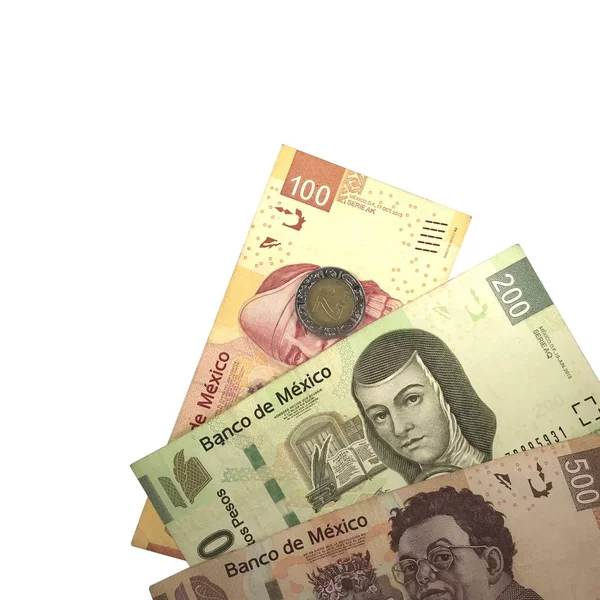 Un grupo de billetes de peso mexicano aislados sobre fondo blanco — Foto de Stock