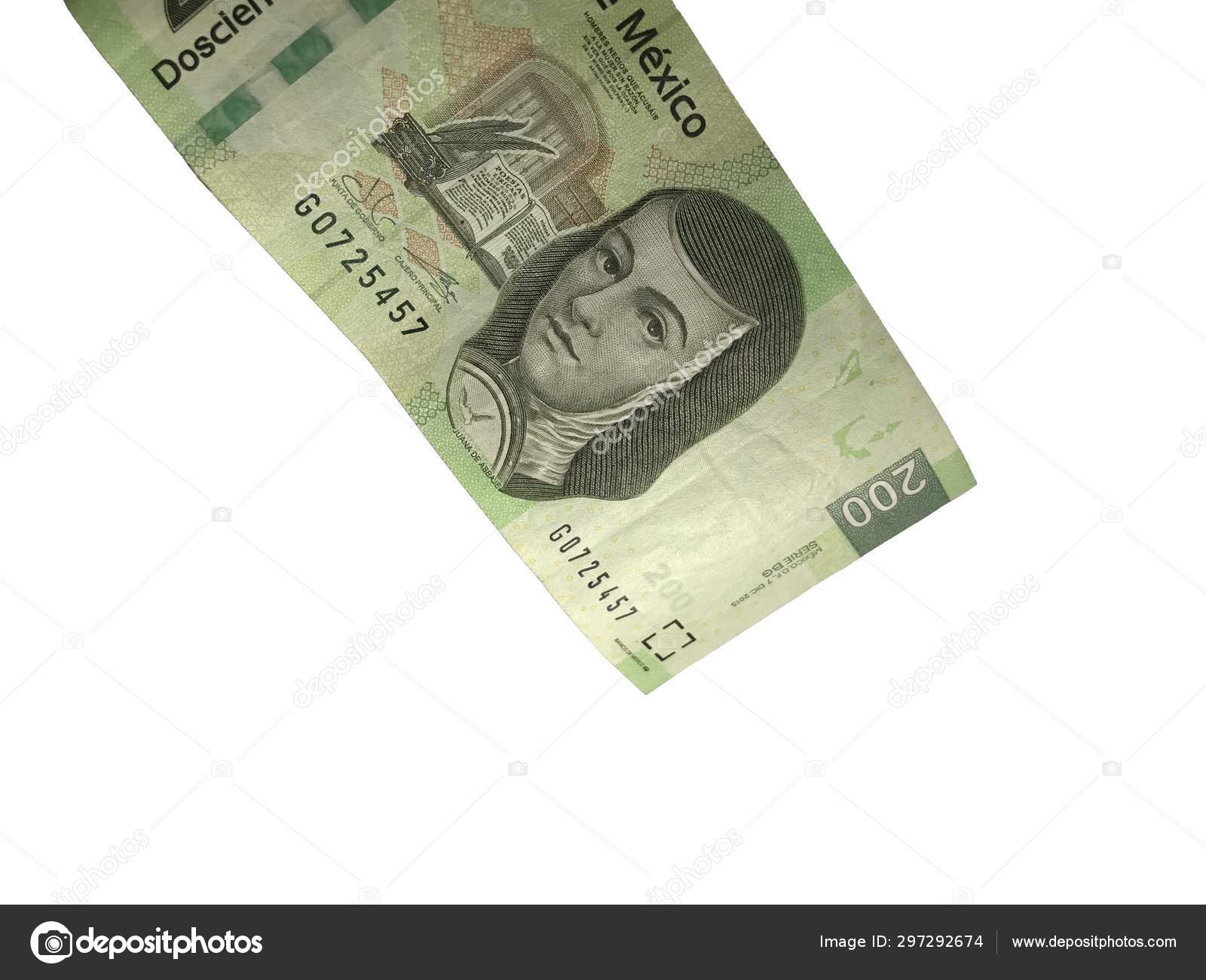 一张200墨西哥比索钞票在白色背景上被隔离—— 库存社论照片© andresjabois #297292674