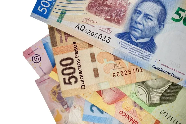 Grupo 100 200 500 1000 Notas Peso Mexicano Isolado Fundo — Fotografia de Stock