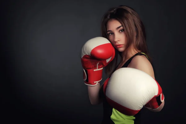 Beautiful Woman Red Boxing Gloves Black Background Art — Stock Photo, Image