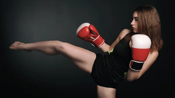 Beautiful Young Woman Red Boxing Gloves Black Background Art — Stock Photo, Image