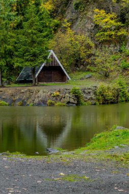 Güzel Thüringen Ormanı'nda sonbahar günü - Bergsee Ebertswiese/Almanya