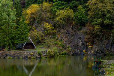 Güzel Thüringen Ormanı'nda sonbahar günü - Bergsee Ebertswiese/Almanya