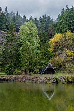 Güzel Thüringen Ormanı'nda sonbahar günü - Bergsee Ebertswiese/Almanya