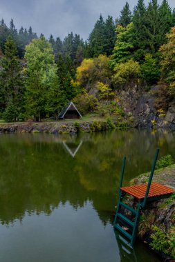 Güzel Thüringen Ormanı'nda sonbahar günü - Bergsee Ebertswiese/Almanya