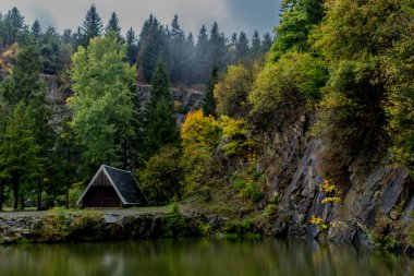 Güzel Thüringen Ormanı'nda sonbahar günü - Bergsee Ebertswiese/Almanya