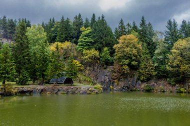 Güzel Thüringen Ormanı'nda sonbahar günü - Bergsee Ebertswiese/Almanya