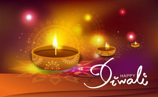 Diwali Celebração Brilhante Luz Dourada Decoração Lâmpada Óleo Com Floral —  Vetores de Stock