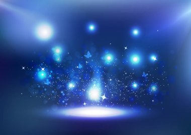 Işık Festivali, kelebek, patlama toz grenli arka plan vektör çizim parlayan ile mavi Bokeh kutlamak