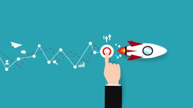 İş vektör, roket, düz tasarım, arka plan, yaratıcı fikir ve strateji, simge simge düğmesini yükseltici ile kağıt uçak