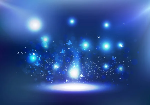 Fête Lumière Bokeh Bleu Avec Papillon Explosion Lumineuse Poussière Granuleuse — Image vectorielle