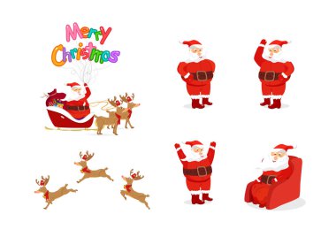 Santa Claus and reindeer, cartoon characters animation, posture and action, Merry Christmas vector collection