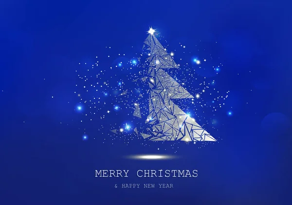 Merry Christmas, tree polygon, confetti, golden glowing particles scatter, poster, postcard Blue luxury in winter background seasonal holiday vector illustration