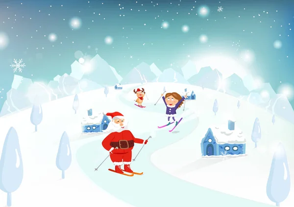 Christmas Santa Claus Kid Reindeer Skiing Mountains Winter Holiday Cute — Stock Vector