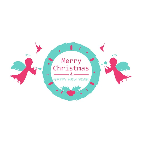 Merry Christmas and happy new year, logo banner design vintage, sweet, cute angel with birds celebrate seasonal holidays background poster vector illustration