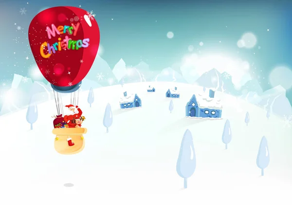 Merry Christmas Santa Claus Reindeer Traveling Big Balloon Cute Cartoon — Stock Vector