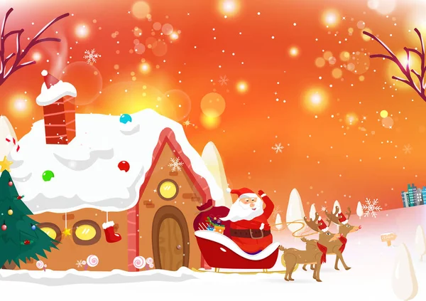 Santa Coming Town Reindeer Fantasy Snow Falling Poster Concept Gift — Stock Vector