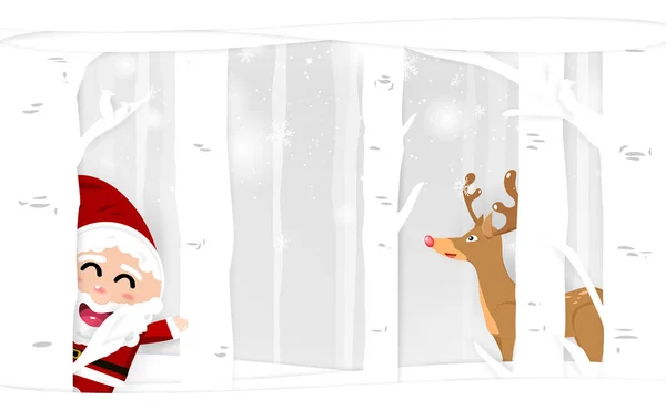 White Winter Santa Claus Reindeer Nature Cartoon Character Paper Art — Stock Vector