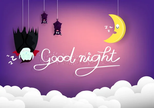 Gute Nacht Halloween Konzept Vampir Und Fledermäuse Schlafen Mit Mond — Stockvektor