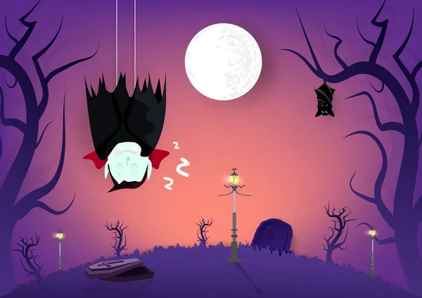 Halloween Vampiro Morcegos Dormindo Cemitério Sombrio Floresta Cartoon Boneco Personagens —  Vetores de Stock