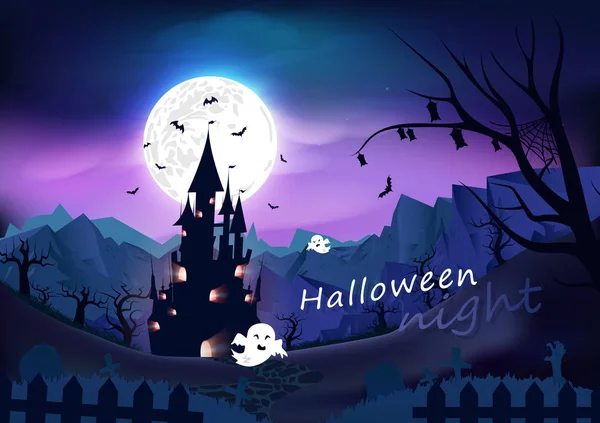 Happy Halloween Poster Spooky Fantasie Cartoon Concept Verschrikkingsverhaal Nacht Scène — Stockvector