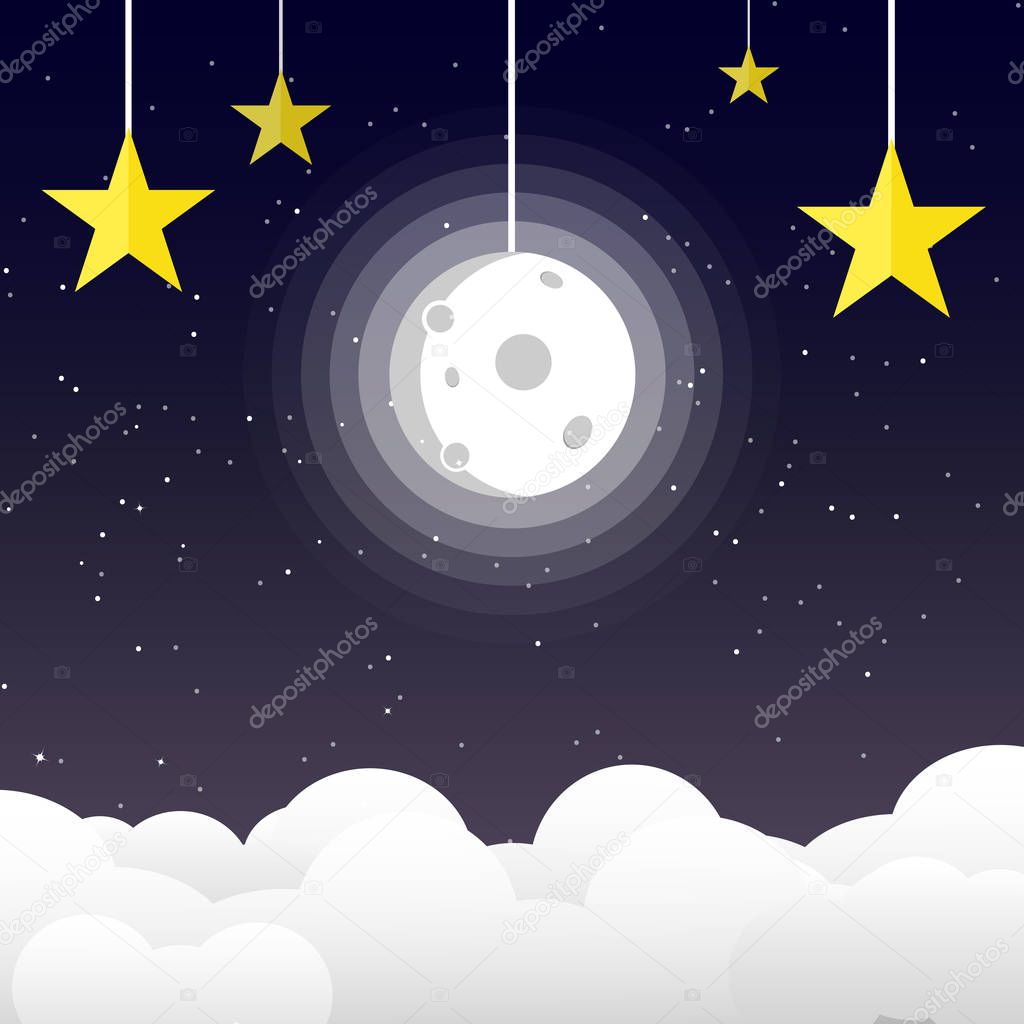 Moon in night sky with stars on space and galaxy background, good night concept using for kids vector illustration, flat design paper art